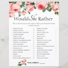 a wedding checklist with pink roses on the front and back, which reads would she rather say?