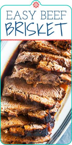 an easy beef brisket recipe on a white plate with the title in blue overlay