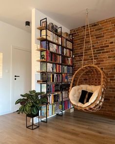 a hanging chair in front of a bookshelf filled with lots of books next to a potted plant