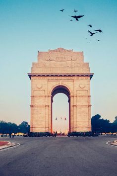 birds flying over the arch of triumph in india