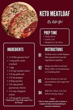 the keto meatloaf recipe is shown with instructions for how to make it