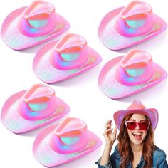 PRICES MAY VARY. Packing Include: you will receive 6 pieces of holographic pink brim cowboy hats, designed with metallic and shiny wide brim surface, make you look like a princess, more attractive for various western themed parties like birthdays, discos, Christmas, weddings, and more Quality: they are comfortable and wear resistant, these cowboy hats are made of EVA colorful material, which is soft and comfortable to keep the head shape better and not easy to fade Sizing: the neon pink cowboy h Space Rave, Disco Party Costume, Cowboy Hats For Women, Bachelorette Party Items, Space Hat, Cowboy Hats Women, Rave Hats, Pink Cowboy Hat, Pink Cowboy