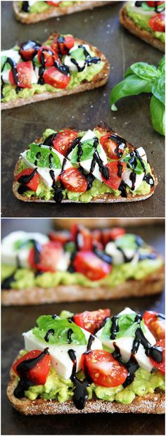 an open faced sandwich with tomatoes, avocado and black olives on it