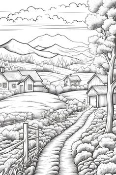 a black and white drawing of a country road with houses in the distance, surrounded by trees