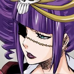 an anime character with purple hair and white skull on her head, looking at the camera