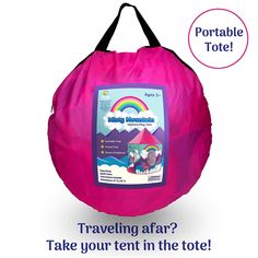 a pink bag with the text traveling afar? take your tent in the tote