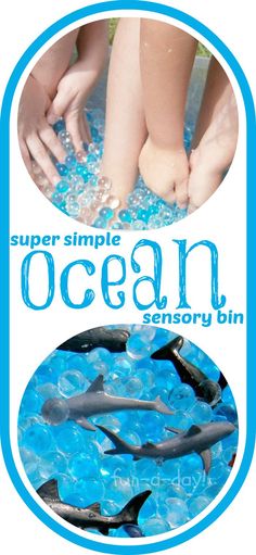 an advertisement for the ocean discovery bin with two children playing in it and sharks swimming around