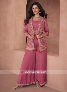 Designer Sequins Embroidered Georgette Palazzo Set With Jacket... Pink Palazzo Pants Outfit, Pink Sharara, Chiffon Jacket, Salwar Kameez Designs, Organza Dupatta, Silk Jacket, Silk Dupatta, Draped Fabric, Crop Top Blouse