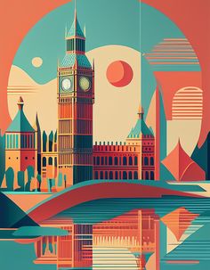 the big ben clock tower towering over the city of london, england in an art deco style