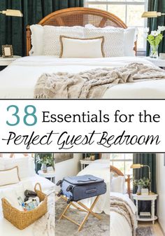 the bedroom has green curtains and white bedding with text overlay that reads 38 essentials for the perfect guest - bedroom