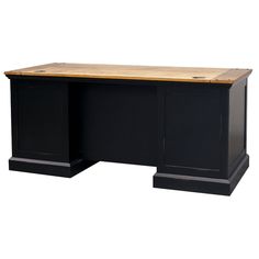 a large black desk with a wooden top