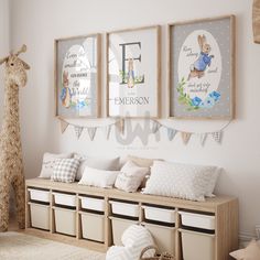 a nursery room with posters on the wall