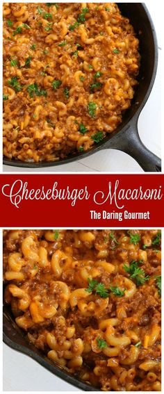 cheeseburger macaroni in a skillet with parsley on the side