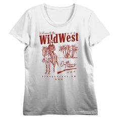 Channel your inner cowboy with this western-themed apparel featuring a big, bold graphic of “Wild West” and a cowboy with his horse—an eye-catching image that has been professionally printed for long-lasting print quality. Thoughtfully designed for comfort and style, this apparel is made of high-quality materials that make it perfect for all-day, everyday wear. And when it’s time for cleaning, simply machine wash it cold and tumble dry on low for effortless care. West Chester University, Wild West Cowboys, Blue Horse, Cowboy Outfits, Sleeve Packaging, White Crew Neck, Wild West, Cotton Material, Short Sleeve Tee