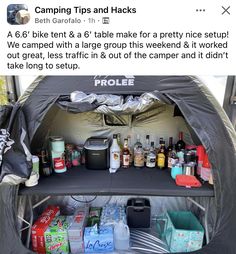 the inside of a tent is full of bottles and other items that are in it