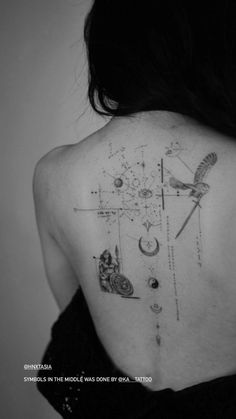 the back of a woman's shoulder with tattoos on it