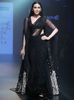 Black Saree With Jacket, Karishma Kapoor, Saree Draping Styles, Karisma Kapoor, Indian Saree Blouses Designs, Indian Fashion Saree, Designer Saree Blouse Patterns, Black Saree