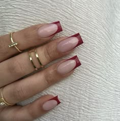 Acrylics For Work, Square Dark Red Nails, Dark Red French Tip Nails Square, Dark Red Acrylic Nails Design, Dark Red French Tips, Red Graduation Nails, Dark Red French Tip, Dark Red French Tip Nails