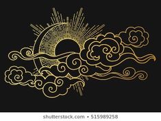 sun and clouds in the sky with gold outline on black background, hand drawn illustration