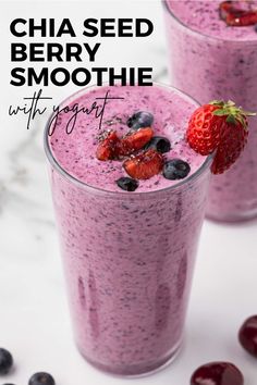 two glasses filled with chia seed berry smoothie