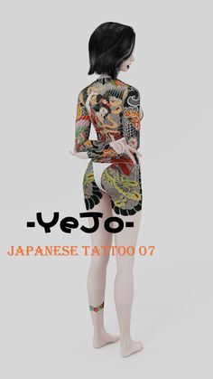 a woman with tattoos on her body standing in front of a white background and the words japanese tattoo