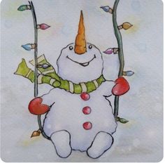 a drawing of a snowman with a carrot on his head