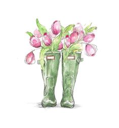 a drawing of two green boots with pink flowers in them