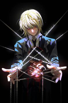 an anime character with blonde hair and glasses holding his hands in front of barbed wire