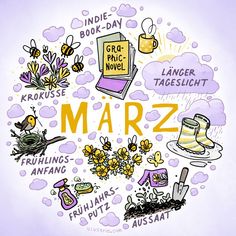 the words march are surrounded by flowers, books and other things on a purple background