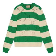 Gucci GG Lace Striped Knit Sweater 'Beige Green' 729536-XKC0T-9762 White Gucci Tops For Winter, Luxury Gucci Jacquard Knit Sweater, Gucci Wool Crew Neck Sweater, Casual Gucci Wool Sweater, Designer Gucci Fall Sweater, Gucci Designer Winter Sweater, Gucci Casual Crew Neck Sweater, Gucci Luxury Tops For Winter, Casual Gucci Crew Neck Sweater