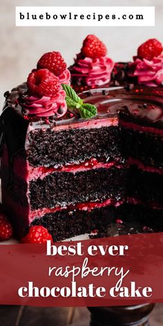 a chocolate cake with raspberry frosting and fresh raspberries on top