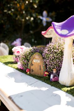 there is a fairy garden with mushrooms and flowers