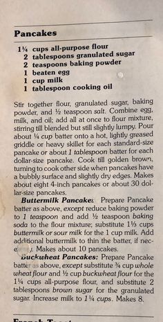 an old recipe for pancakes with instructions on how to make it and what to use them