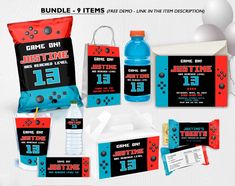 the nintendo wii birthday party package includes items like water bottle, game controller and candy bar