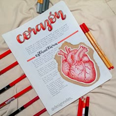 an open book with pencils and markers next to it on a sheet of paper