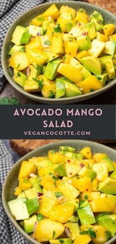 avocado mango salad in a green bowl with the title above it and an image of