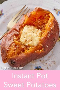 baked sweet potatoes with butter and parmesan cheese in the middle on a white plate