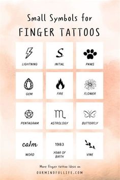 small symbols for finger tattoos on a pink background with the words,'small symbols for finger