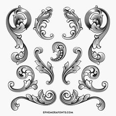 an ornate design with swirls and scrolls in black on a white background, set of four