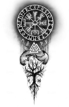 a black and white drawing of a clock with symbols on it