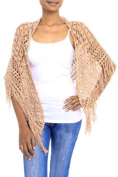 Hand-Crocheted Cotton Shawl in Camel from Bali - Tegalalang Palace in Camel | NOVICA Sari Design, Cotton Shawl, Poncho Pattern, Long Fringes, Premium Gift, Free Gift Wrapping, Learn To Crochet, People Around The World, One Design