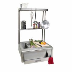 a stainless steel kitchen sink and shelf with utensils