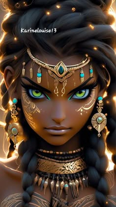 an image of a woman with blue eyes and gold jewelry on her face, in front of