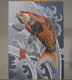 a painting of two koi fish in front of a blue and white background with clouds