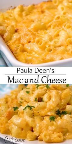 two pictures of macaroni and cheese with parsley