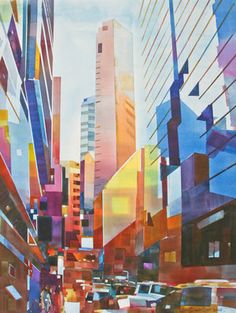 an abstract painting of cityscape with skyscrapers and cars in the foreground