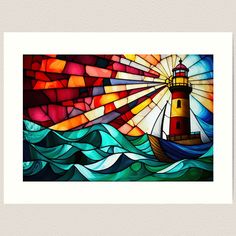 Lightly textured 100% cotton paper. Gallery quality vibrant prints with white border for easy framing. Multiple standard sizes offered. Additional sizes are available. Discover the radiant beauty of a lighthouse through the lens of stained glass artistry in this meticulously crafted design. This maritime marvel, depicted through vibrant hues and intricate glasswork, celebrates the timeless allure of coastal sentinels. Its rich colors and patterns evoke an aura of warmth and illumination, much li Mountain Stain Glass Pattern, Lighthouse Stained Glass Pattern, Abstract Stained Glass Designs, Stained Glass Lighthouse, Dark Stormy Night, Light Posts, Stained Glass Mosaic Art, Neurographic Art, Radiant Beauty