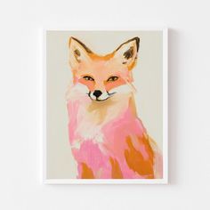 a painting of a fox with orange eyes and pink fur on it's head