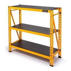 a yellow shelf with black shelves on each side and one shelf below it that has three levels