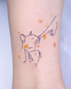 a cat and dog tattoo on the ankle with orange peels all over it's body